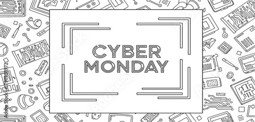 Hand-drawn sketch banner with electronic gadgets and computer hardware for a major online shopping promotion and technology sale