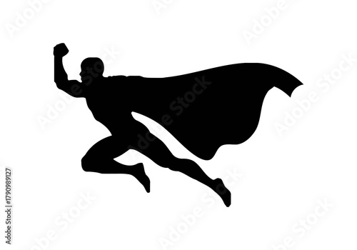 Silhouette of a superhero in a dynamic flying pose
