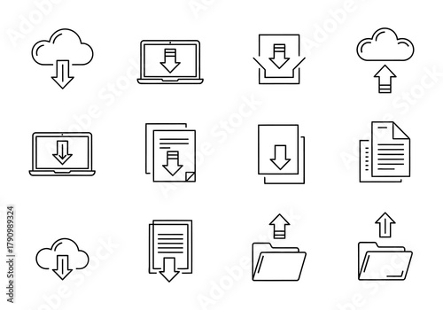Line art icons depicting data download and upload processes
