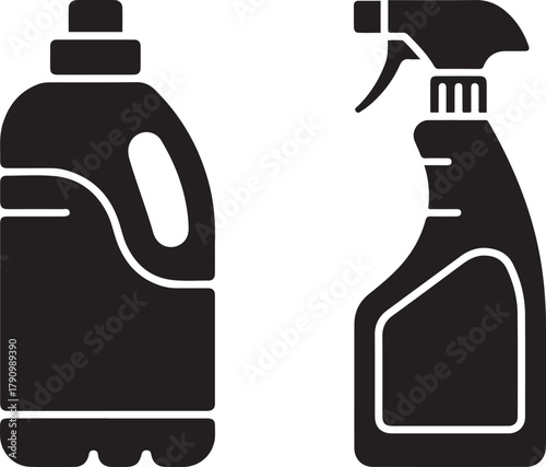 Floor Cleaner Bottle Silhouette Flat Design. Vector Black silhouettes. with white background