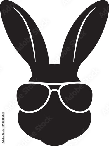 Illustration of a hare's head wearing sunglasses. Vector Black silhouettes. with white background