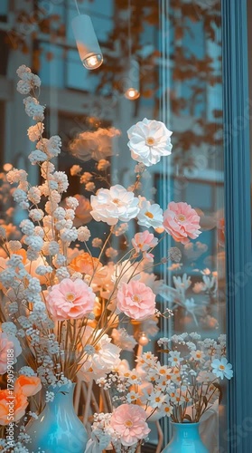 Romantic Floral Arrangement in Soft Light: Elegant Home Decor with Pastel Artificial Flowers and Greenery Reflection