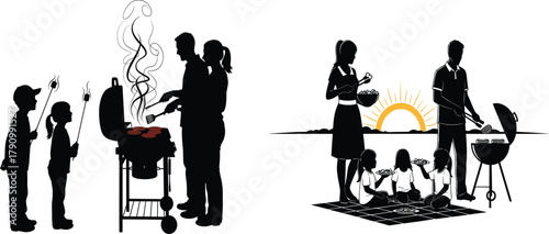 Silhouette families enjoying barbecue meals at sunset and daytime with grills and food Keywords: barbecue, grill, cooking, food