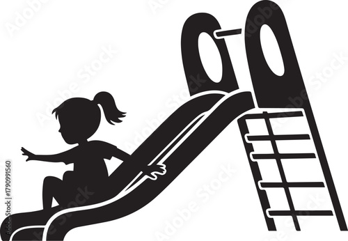 a girl on a slide at a playground. Vector Black silhouettes. with white background
