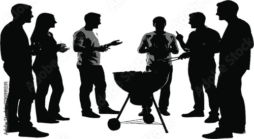 Silhouette group of people gathered around a barbecue grill on a white background gathering