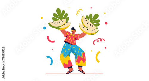 Joyful Person Celebrating Summer Fruits with Vivid Colors and Festive Elements