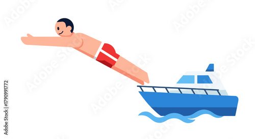 Joyful Person Diving Into Water From A Yacht With Vector Illustration