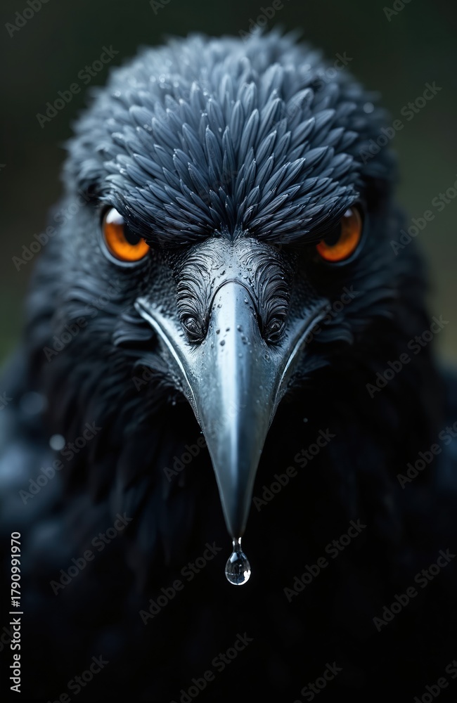 Obraz premium Close up photo of a black crow. Bird has striking orange eyes. Water drop falls from the beak against dark blurred background. Crow portrait showcases wild nature beauty.