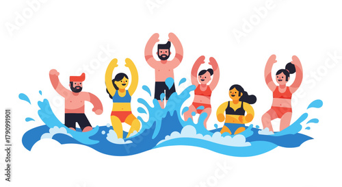 Joyful Group Of People Playing In The Water With Upbeat Movements And Energy