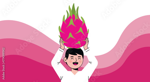 Joyful Person Holding Dragon Fruit Illustration Against Pink Wavy Background Design