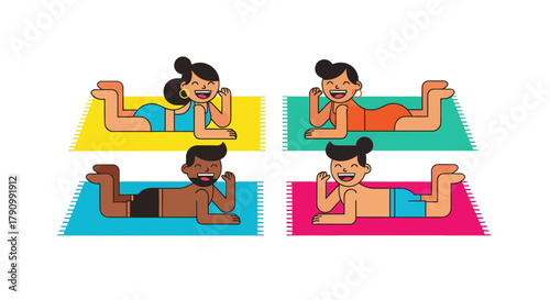 Joyful Group Of People Lounging On Beach Towels, Having A Relaxing Time Together