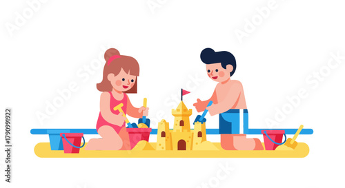 Joyful Kids Crafting a Sandcastle on a Beach, Playful Summer Day Illustration