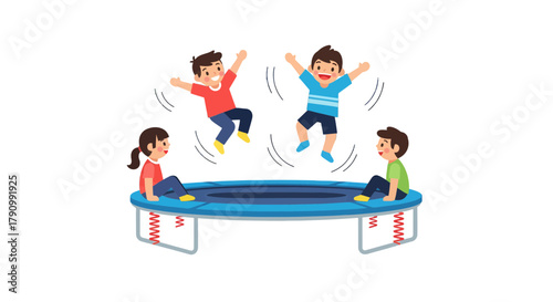 Joyful Kids Bouncing On Trampoline With Arms Raised In Celebration And Merriment