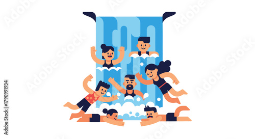 Joyful Group Of People Swimming And Playing In Waterfall On Summer Vacation