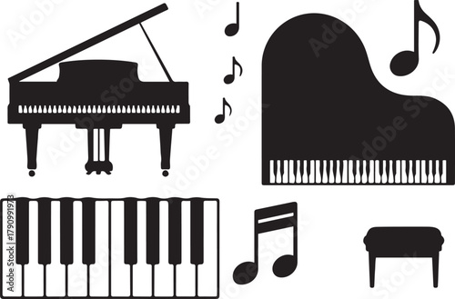 piano. Vector Black silhouettes. with white background