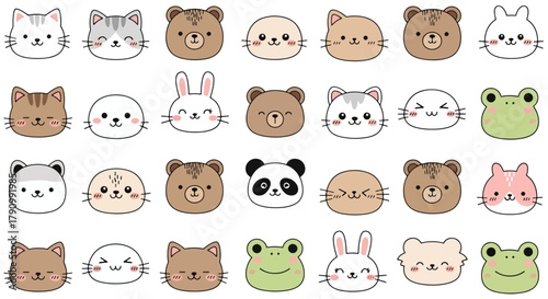 Flat vector seamless pattern of kawaii animal faces including cat, bunny, bear, and panda. Solid pastel tones, round shapes, no gradients, perfect for textile and kids wallpaper