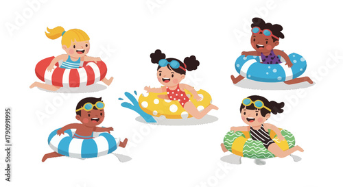 Joyful Kids Enjoy Playing on the Water Floaties During Recreational Holiday Vacation