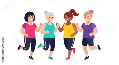 Joyful Group Of Women Jogging Together During Exercise With Black Background