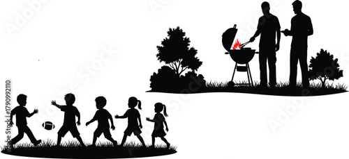 Silhouette of children playing with a football and adults barbecuing in a park setting Keywords: barbecue, grill, cooking, food