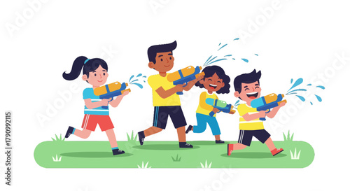 Joyful Kids Enjoying Summer Fun With Water Guns And Energetic Playtime