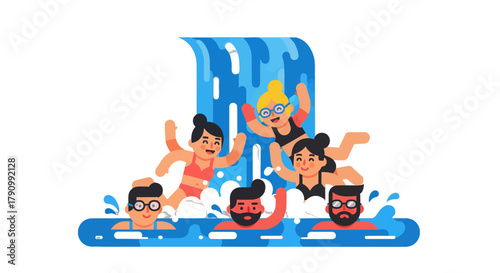 Joyful Group People Swimming Beneath a Cascading Water Feature for Relaxation