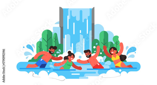 Joyful Group Playing In Refreshing Waterfall Pool During A Summer Day