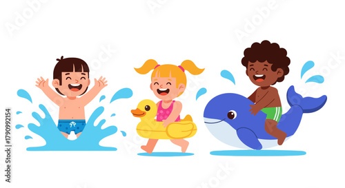Joyful Kids Enjoying Summer Fun With Water Splash And Inflatable Toys In The Pool