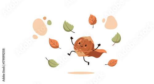 Joyful Nutty Hero With a Cloak Surrounded by Falling Autumn Leaves During Fall Season