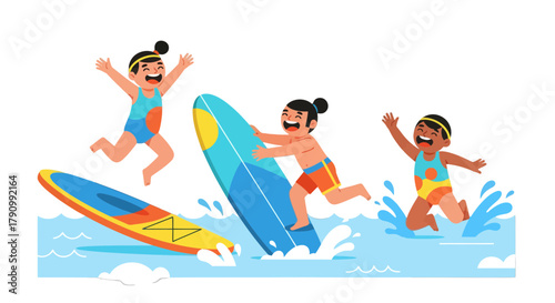Joyful Kids Enjoying Surfing and Playing in the Water at a Sunny Beach Day