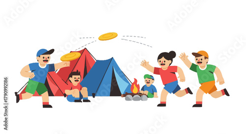 Joyful Group Playing Frisbee Camping in Front of Tents With a Bonfire at Night