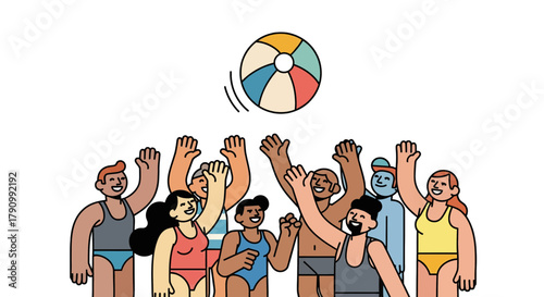 Joyful Group Playing Beach Volleyball, Summer Fun, Enjoying Sunny Vacation Together