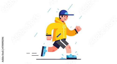 Joyful Person Running in Heavy Rain Wearing the Protective Yellow Jacket
