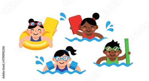 Joyful Kids Enjoying Water Fun, Swimming and Playing in the Pool During the Summer Days