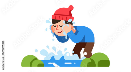 Joyful Person Washing Face With Water In Nature During A Sunny Day