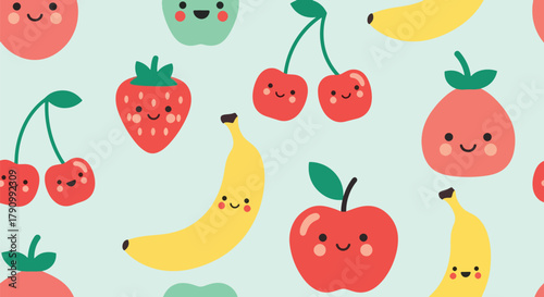 Flat vector seamless pattern of cute smiling fruits including strawberry, apple, and cherry. Solid pastel colors, kawaii style, no gradients, perfect for wrapping and apparel design
