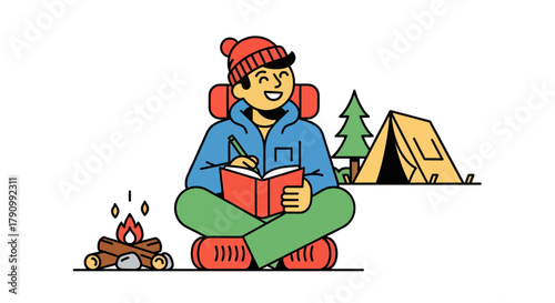 Joyful Person Writing In Nature While Camping With A Bonfire And A Tent