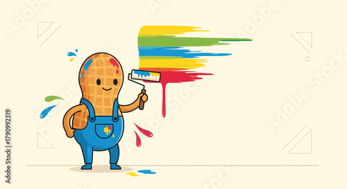 Joyful Peanut Artist Creating a Vibrant Masterpiece with a Rainbow Paint Roller Action