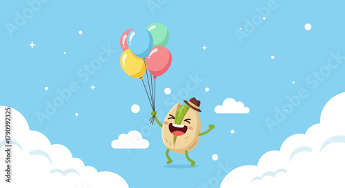 Joyful Pistachio Ascending Skyward With Colorful Balloons In A Whimsical Cartoon