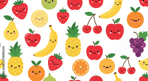 Flat vector seamless pattern of cute smiling fruits including strawberry, apple, and cherry. Solid pastel colors, kawaii style, no gradients, perfect for wrapping and apparel design