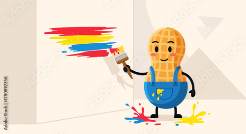 Joyful Peanut Artist Creating Colorful Artwork With Paintbrush and Paint Splatters