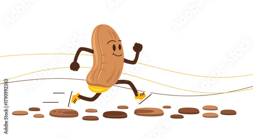 Joyful Peanut Character Actively Running Across Stepping Stones in a Playful Illustration
