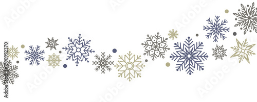 Gold, blue and brown snowflakes border on white background. Winter snowflakes in horizontal garland. Festive Christmas and New Year decoration.
