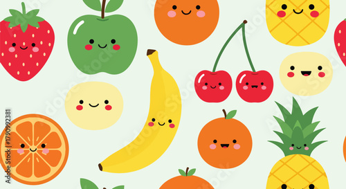 Flat vector seamless pattern of cute smiling fruits including strawberry, apple, and cherry. Solid pastel colors, kawaii style, no gradients, perfect for wrapping and apparel design