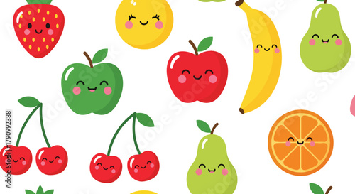 Flat vector seamless pattern of cute smiling fruits including strawberry, apple, and cherry. Solid pastel colors, kawaii style, no gradients, perfect for wrapping and apparel design