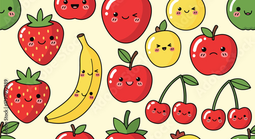 Flat vector seamless pattern of cute smiling fruits including strawberry, apple, and cherry. Solid pastel colors, kawaii style, no gradients, perfect for wrapping and apparel design