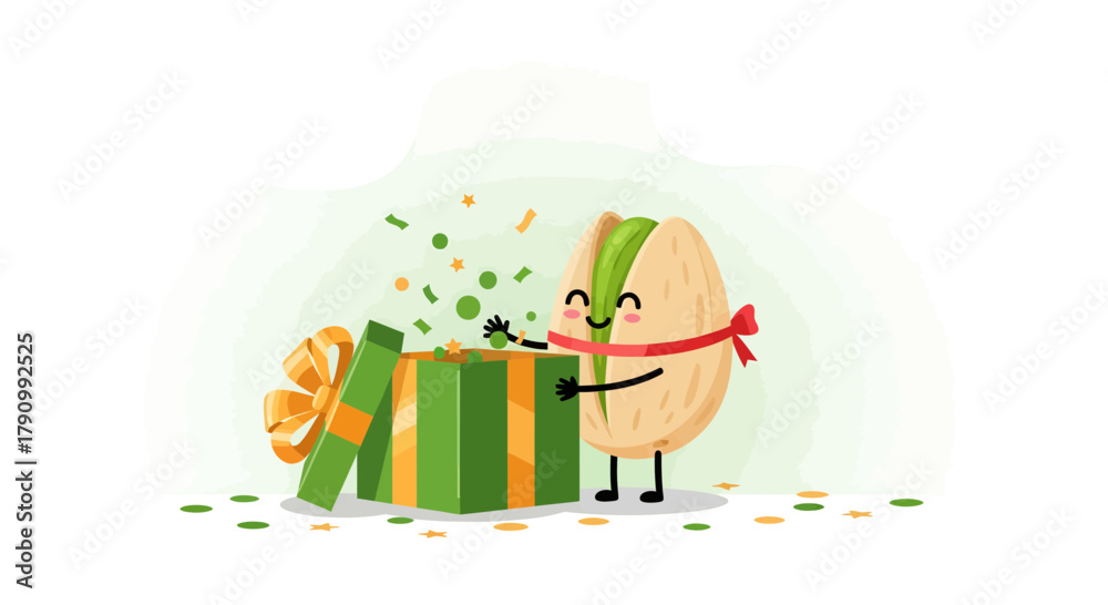 Fototapeta premium Joyful Pistachio Character Unveiling a Gift Box With Festive Confetti and Cheerful Expression