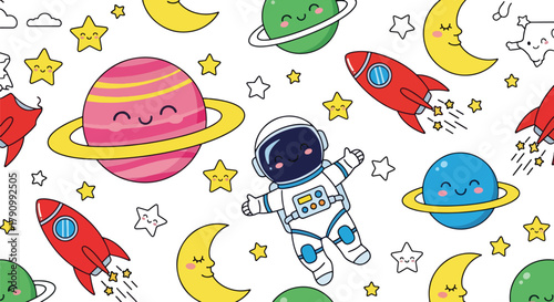 Flat vector seamless pattern of cute planets, stars, rockets, and moons with happy faces. Solid pastel tones, no gradients, kawaii cosmic style, perfect for prints and wallpapers