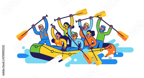 Joyful Group Whitewater Rafting Adventure with Paddles and Exhilarating Water Fun