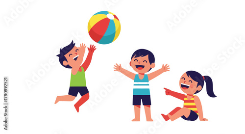 Joyful Kids Playing With A Beach Ball, Captured In A Playful, Colorful Illustration