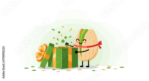 Joyful Pistachio Character Unveiling a Gift Box With Festive Confetti and Cheerful Expression